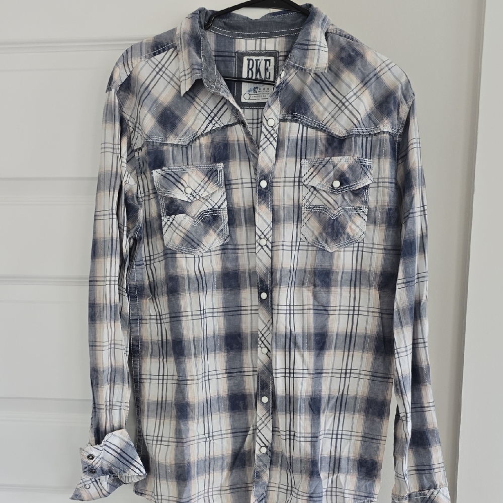 BKE Men's White and Blue Plaid Western Button-Down Shirt